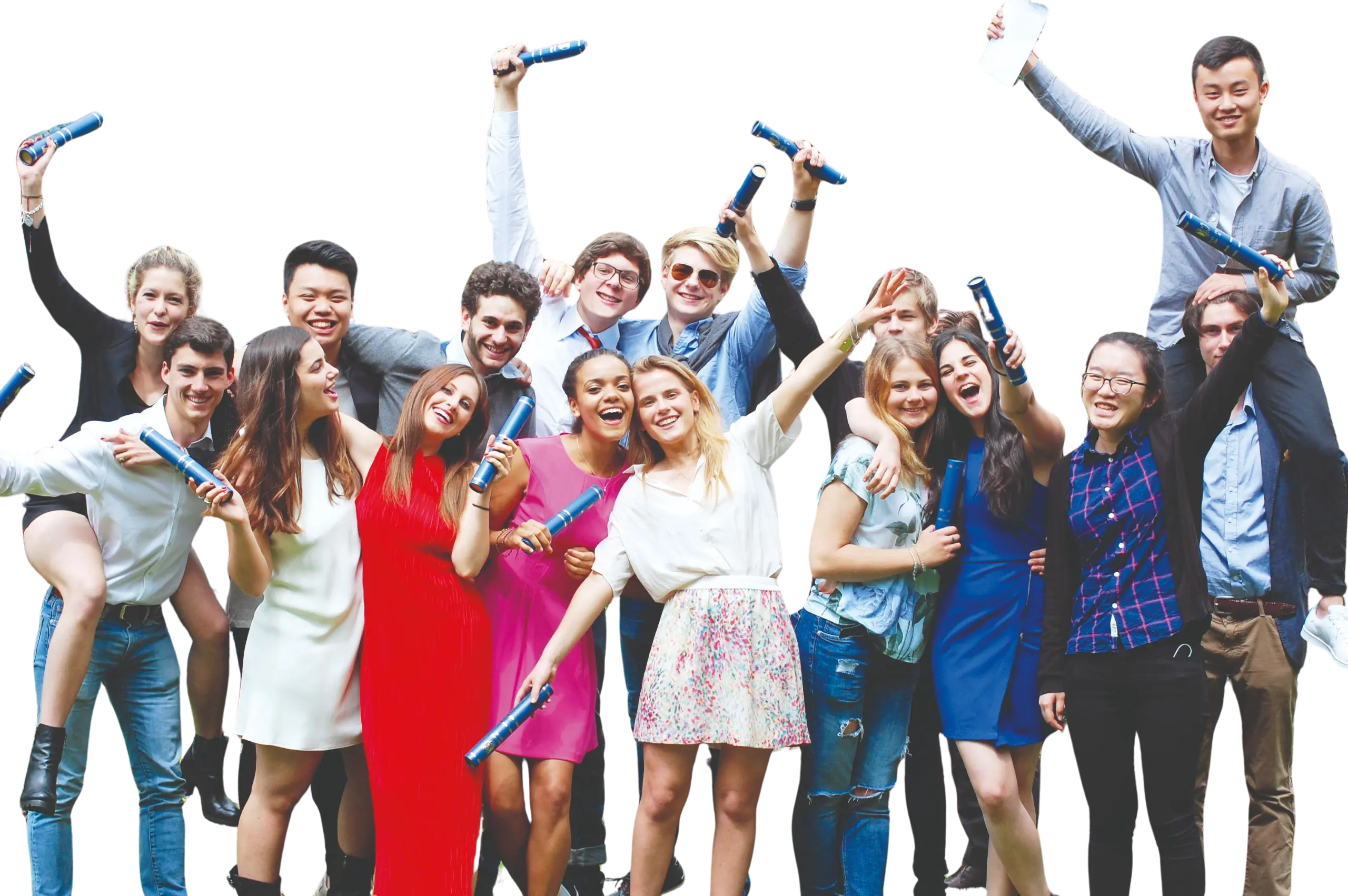 Graduate students posing and holding diplomas