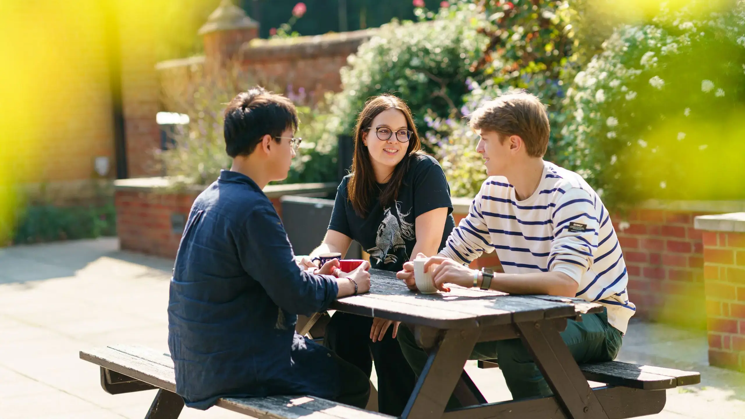 Students sitting on bench, chatting