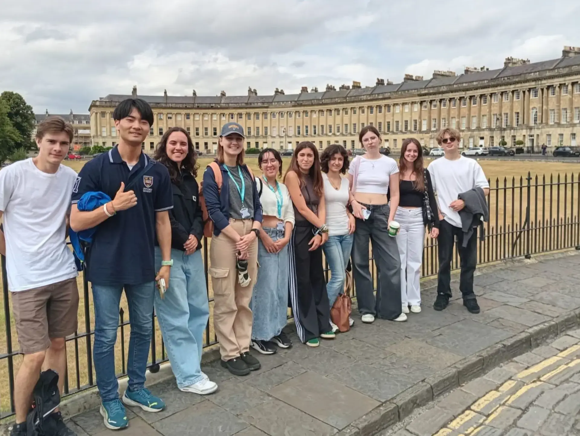 Students posing in front of Royal Crescent in Bath