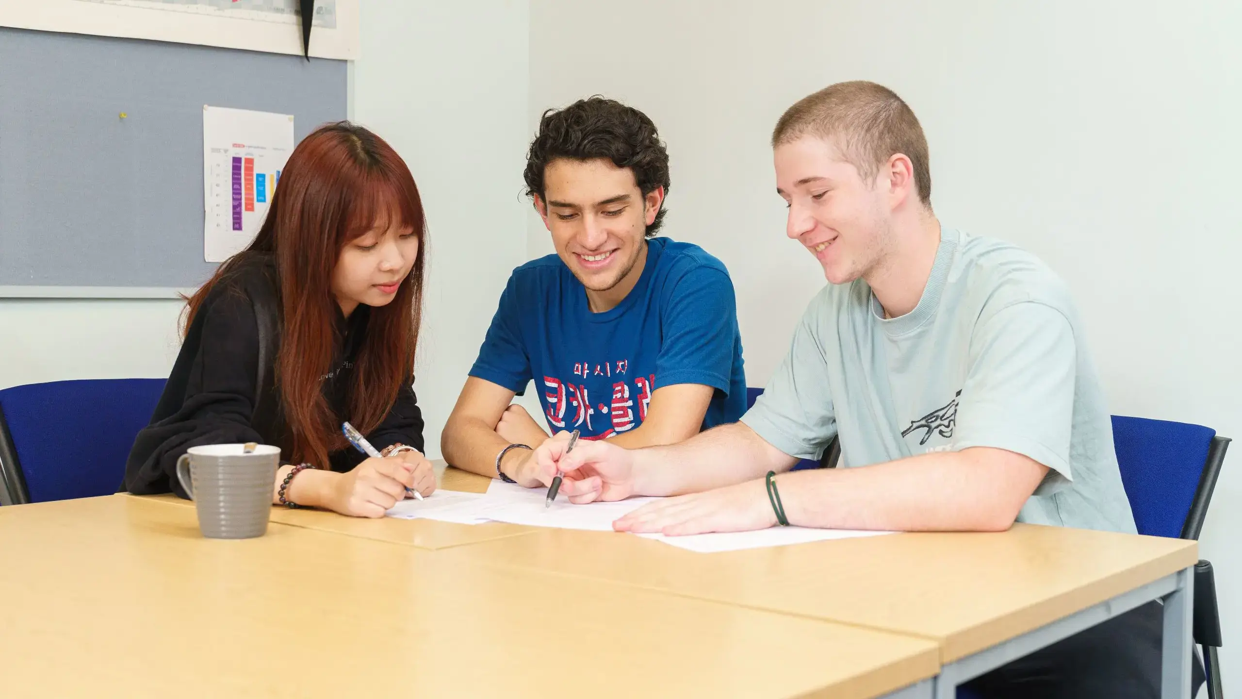 Three students huddled together at desk