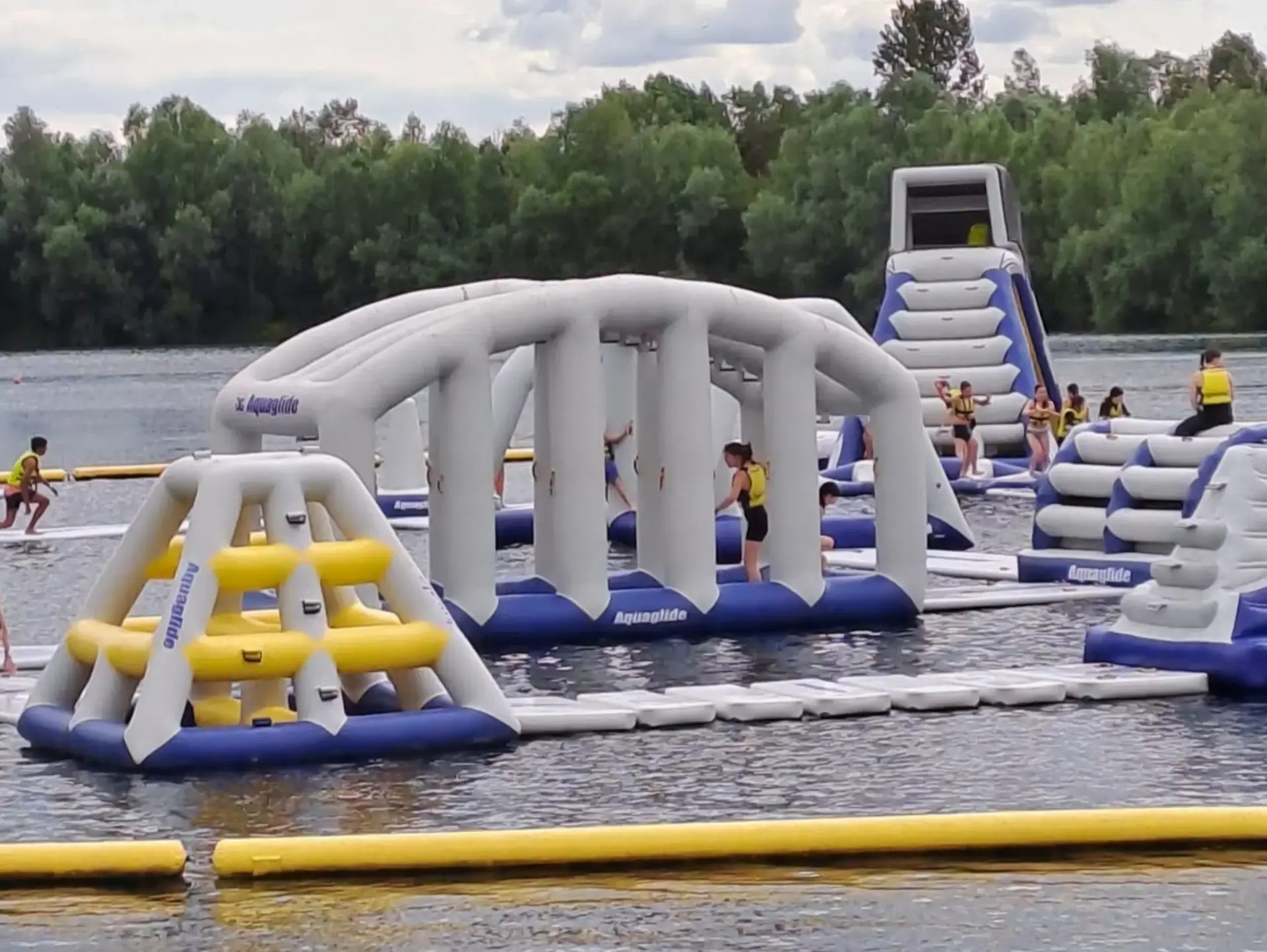 Inflatable obstacle course on water