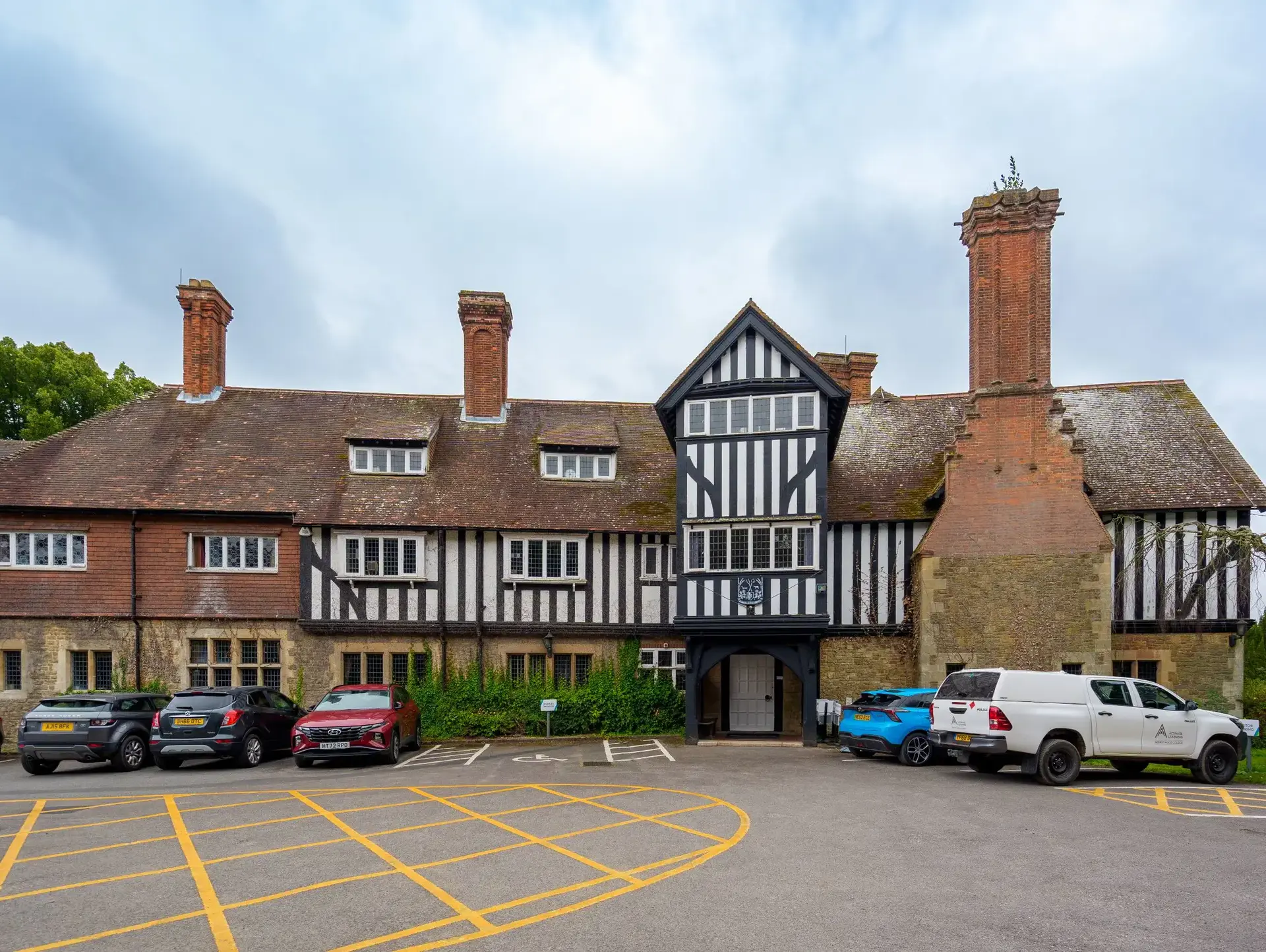 Exterior of building with Tudor facade