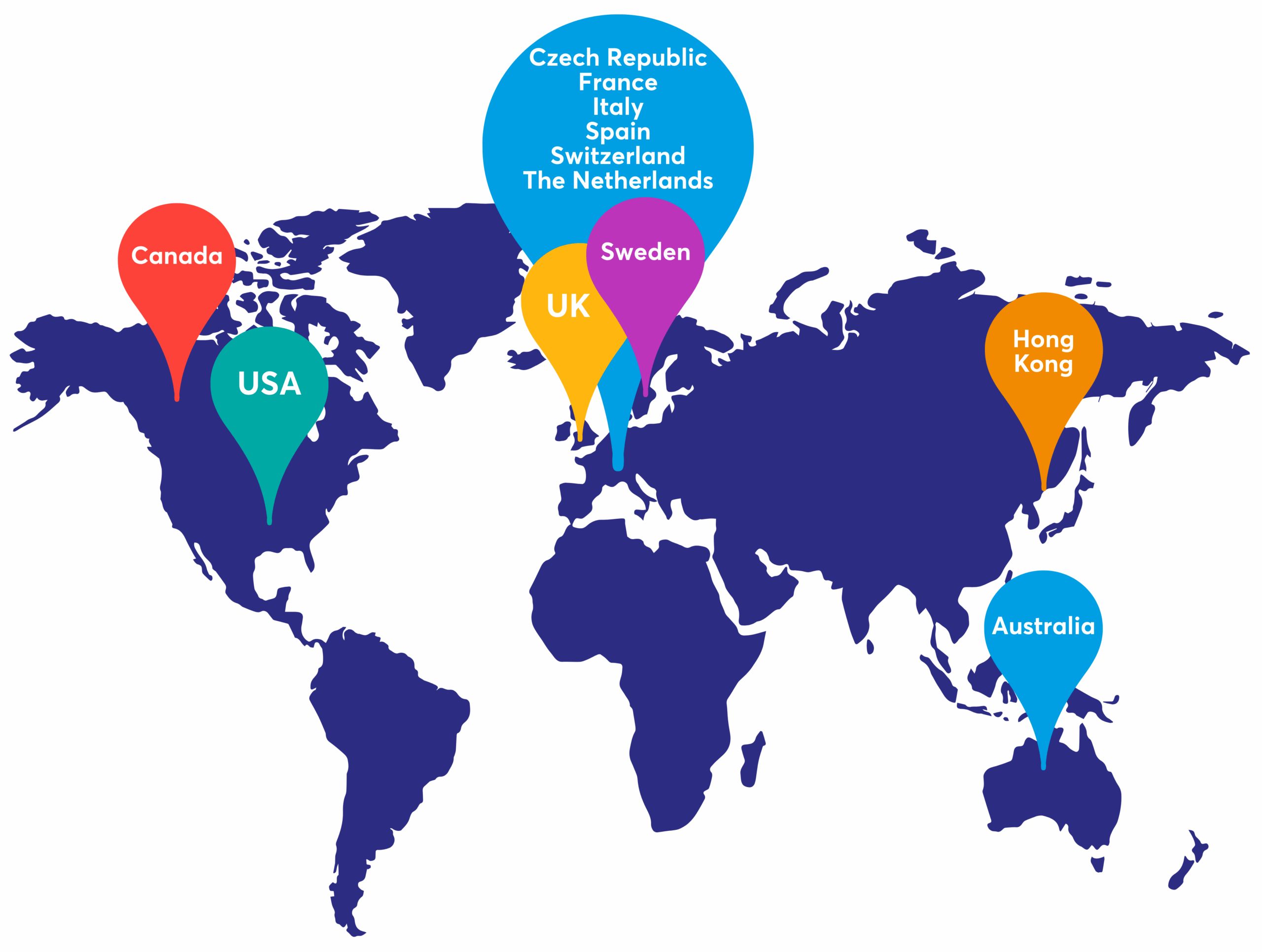 World map showing students have been accepted into countries across the globe